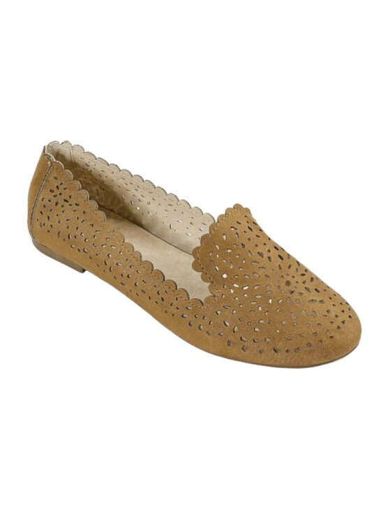 Qupid Shoes - Qupid Shore-01 Women’s Camel Su Pu Laser Cut Scalloped Ballet Flats